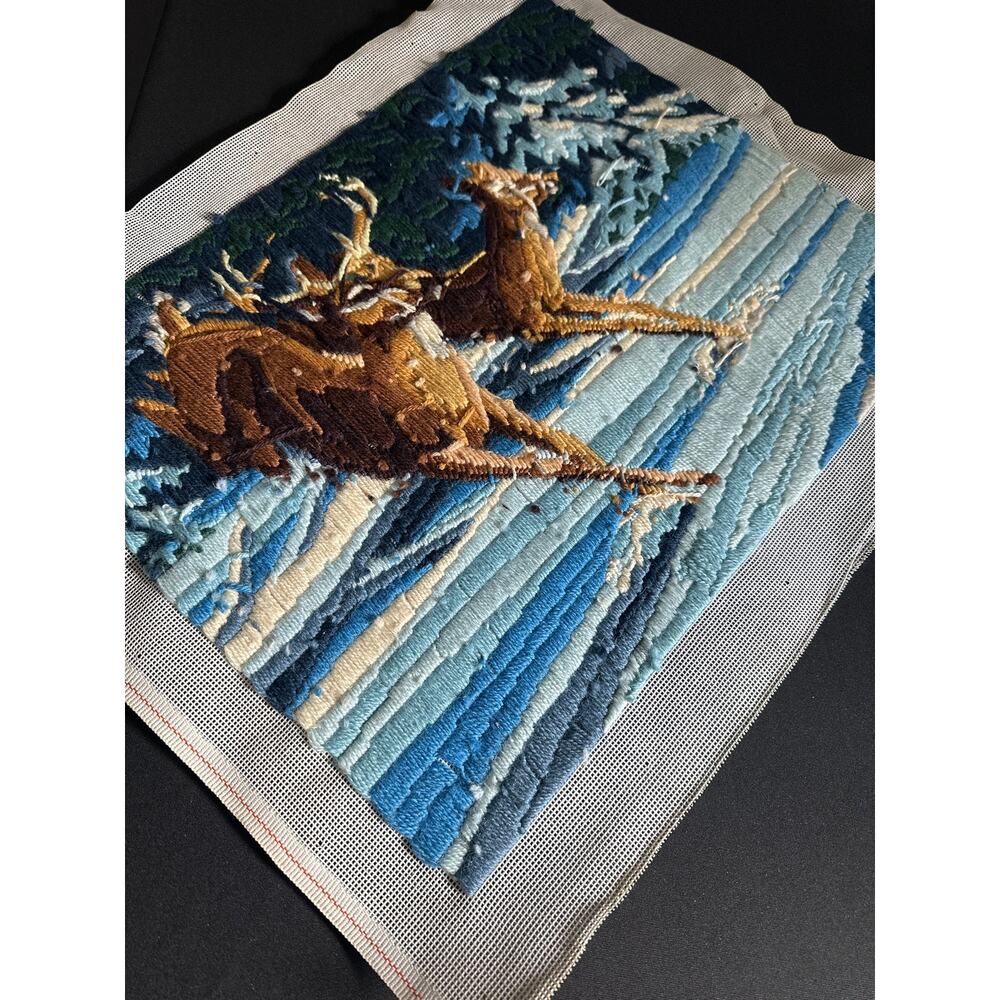 Vintage 1983 Moonlight Run Needlepoint Tapestry Deer Doe Buck Monarch Horizons - Picture 6 of 12